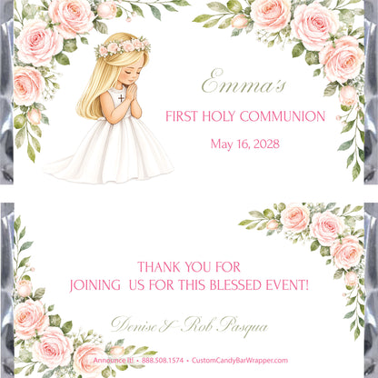 Custom Holy Communion candy bar wrapper design featuring a watercolor illustration of a praying Caucasian girl in a white dress, surrounded by pink roses and green leaves. 
