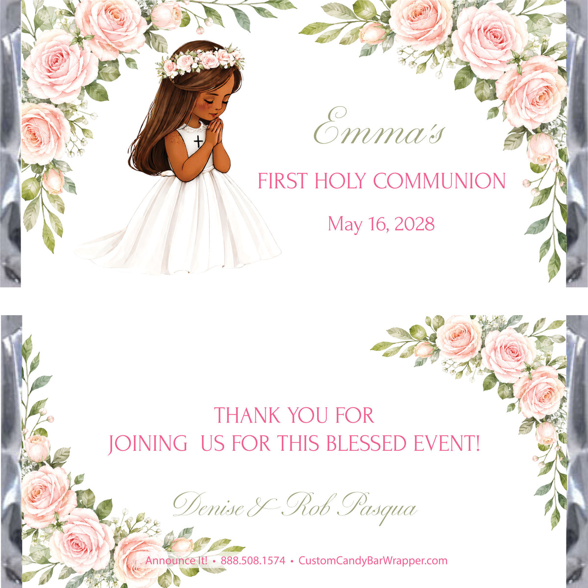 A custom first holy communion candy wrapper design featuring a watercolor illustration of a young girl with brunette hair and dark tan skin in a white dress and flower crown, surrounded by pink roses and green leaves. 