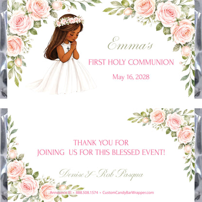 A custom first holy communion candy wrapper design featuring a watercolor illustration of a young girl with brunette hair and dark tan skin in a white dress and flower crown, surrounded by pink roses and green leaves. 