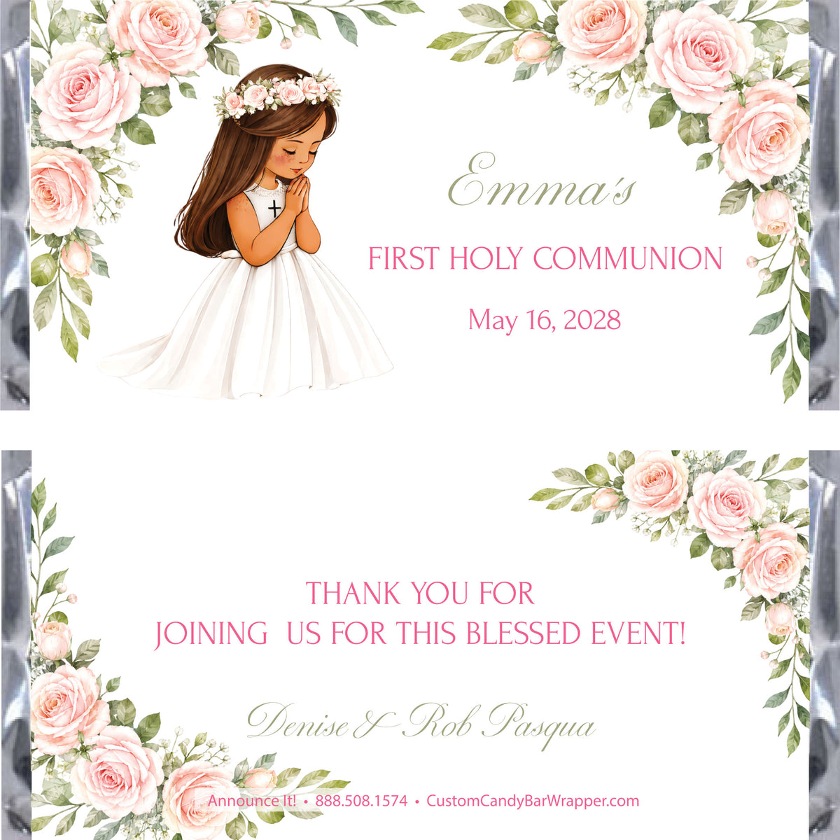 A custom candy wrapper design for a First Holy Communion event, featuring a watercolor illustration of a young girl with brunette hair and tan skin in a white dress with a flower crown, surrounded by pink roses and green leaves. 