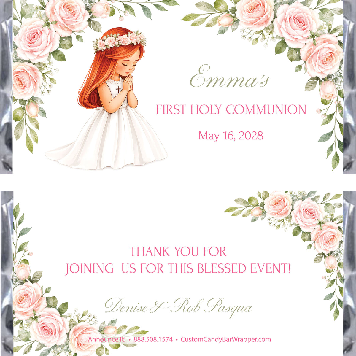 A custom candy wrapper design for a First Holy Communion event, featuring a watercolor illustration of a young girl with red hair in a white dress with a flower crown, surrounded by pink roses and green leaves. 