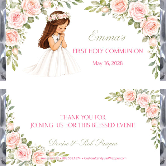 A personalized first holy communion candy wrapper design featuring a watercolor illustration of a young girl in a white dress and flower crown, surrounded by pink roses and green leaves. 