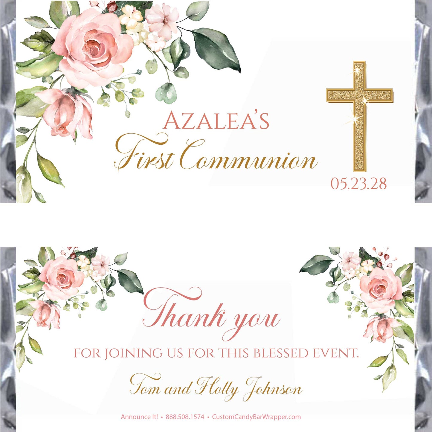 Customizable first communion candy bar wrappers featuring watercolor pink roses, green leaves, and a gold cross on a white background.