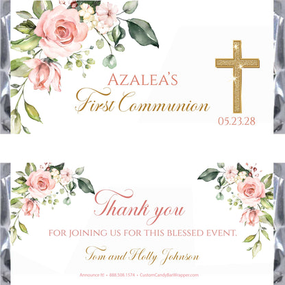 Customizable first communion candy bar wrappers featuring watercolor pink roses, green leaves, and a gold cross on a white background.