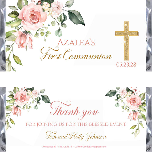 Customizable first communion candy bar wrappers featuring watercolor pink roses, green leaves, and a gold cross on a white background.