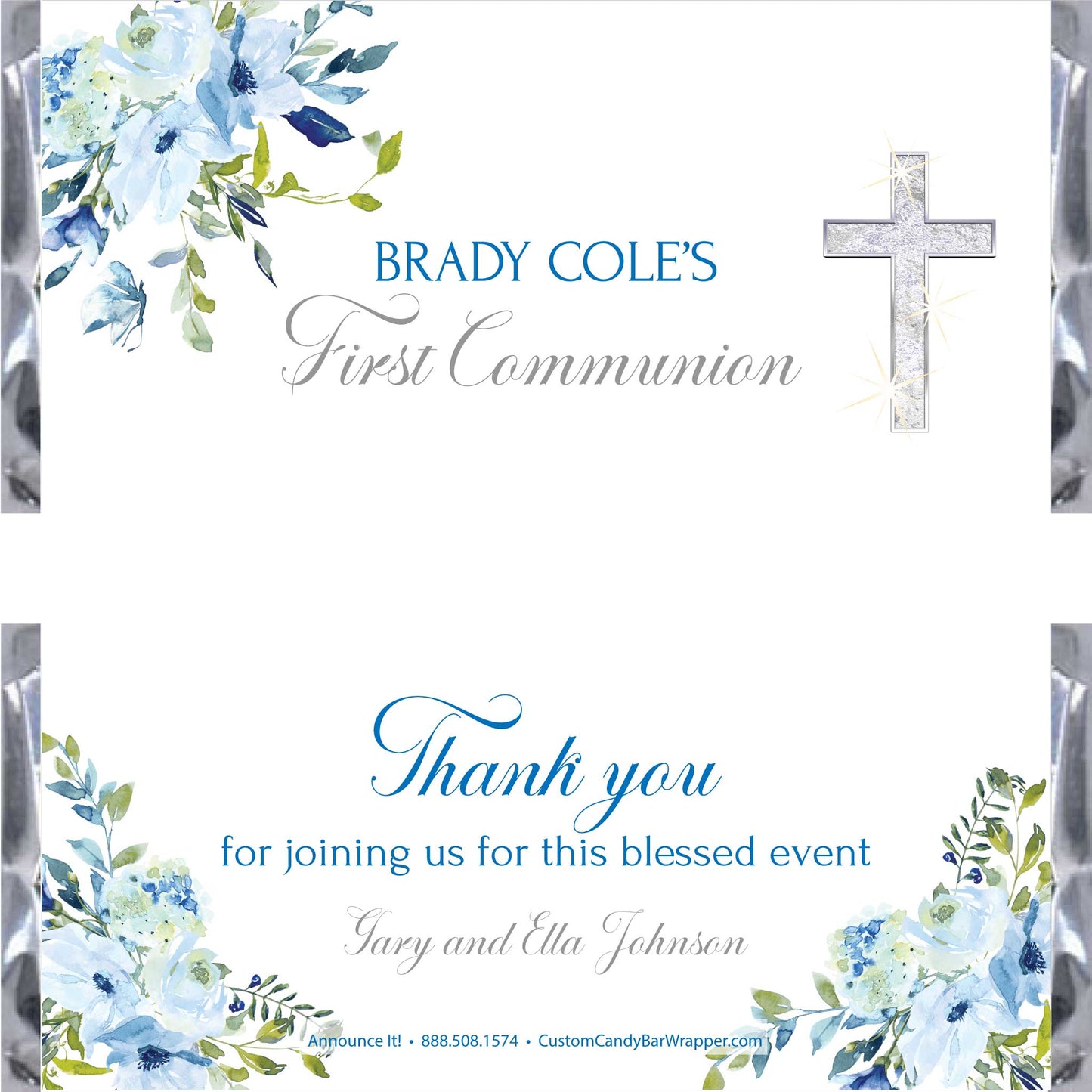 Custom first communion candy bar wrappers featuring blue and white watercolor floral designs, with a silver glittery cross on the front and a thank you message on the back.