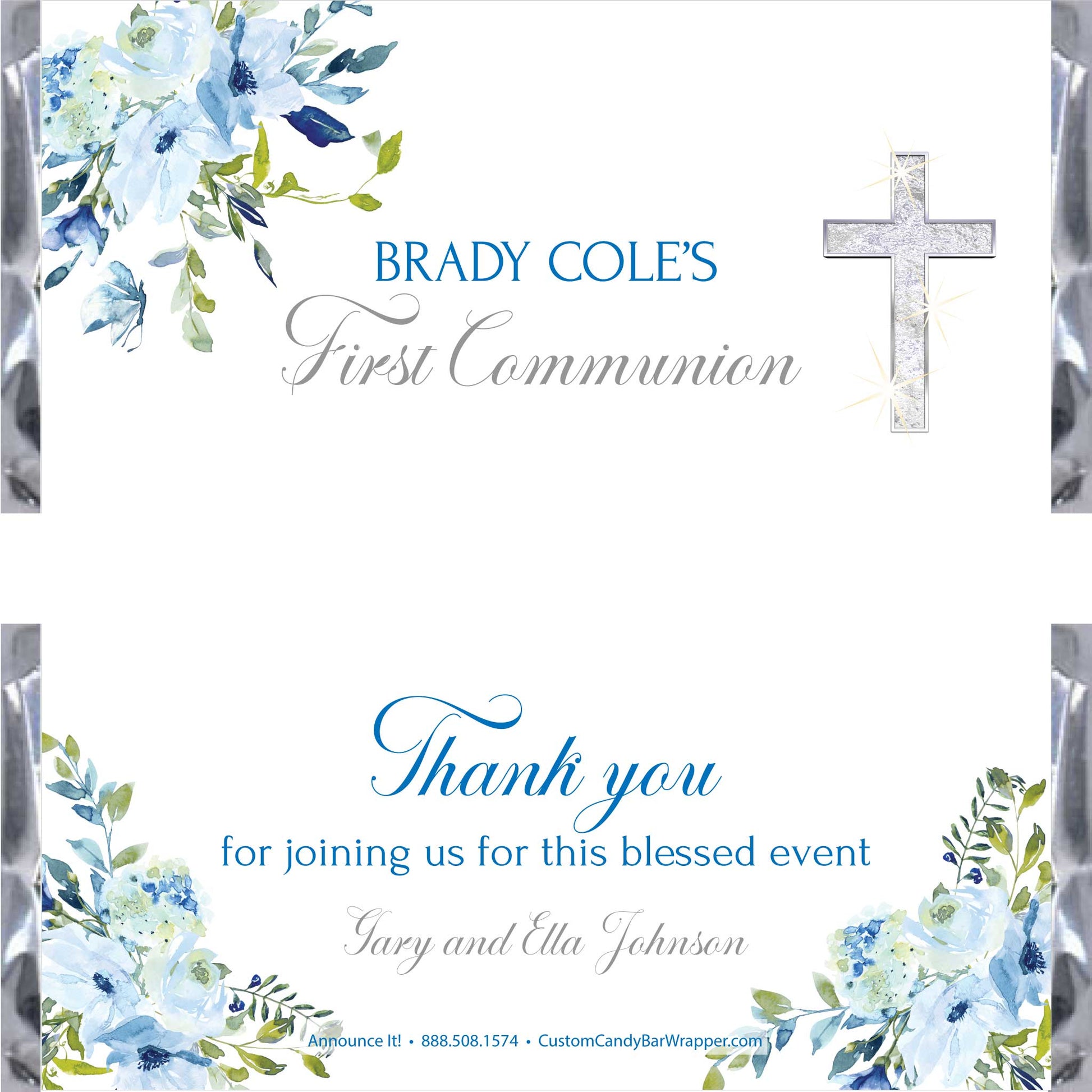 Custom first communion candy bar wrappers featuring blue and white watercolor floral designs, with a silver glittery cross on the front and a thank you message on the back.