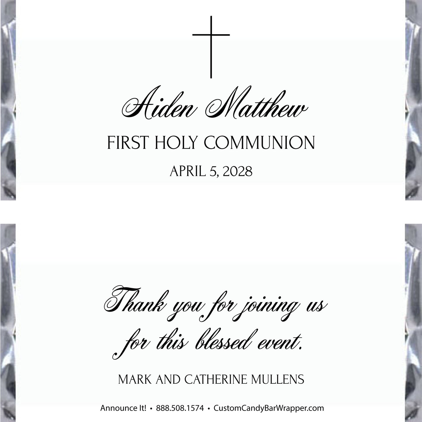 Invitation card for Aiden Matthew's First Holy Communion with a cross design on a white background.