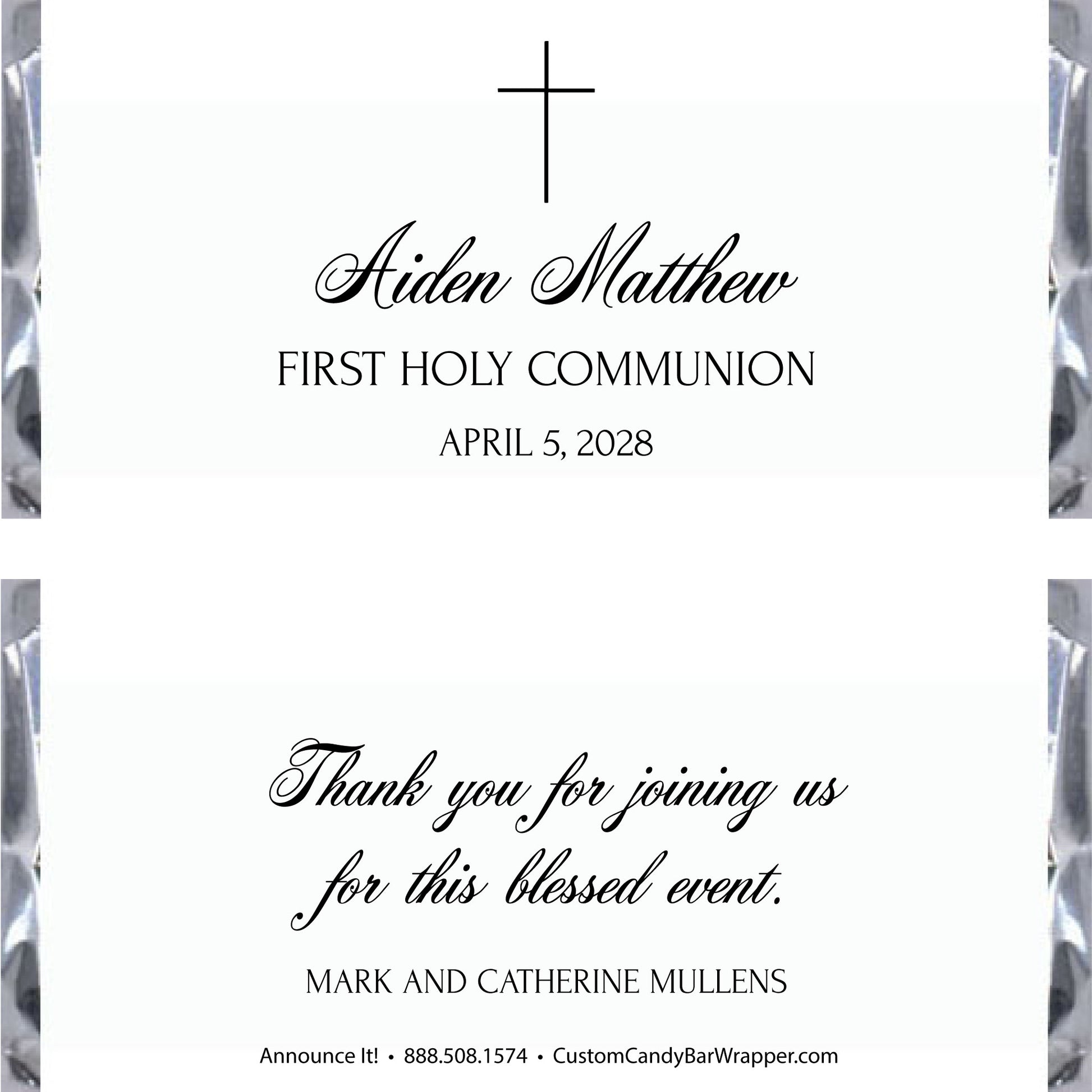 Invitation card for Aiden Matthew's First Holy Communion with a cross design on a white background.