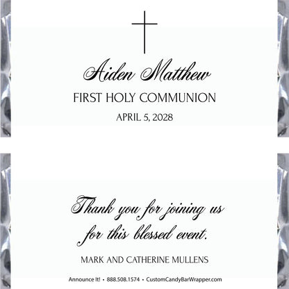 Invitation card for Aiden Matthew's First Holy Communion with a cross design on a white background.