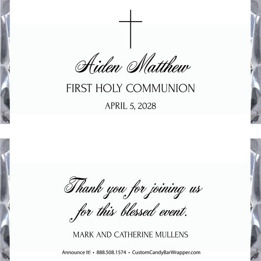Invitation card for Aiden Matthew's First Holy Communion with a cross design on a white background.