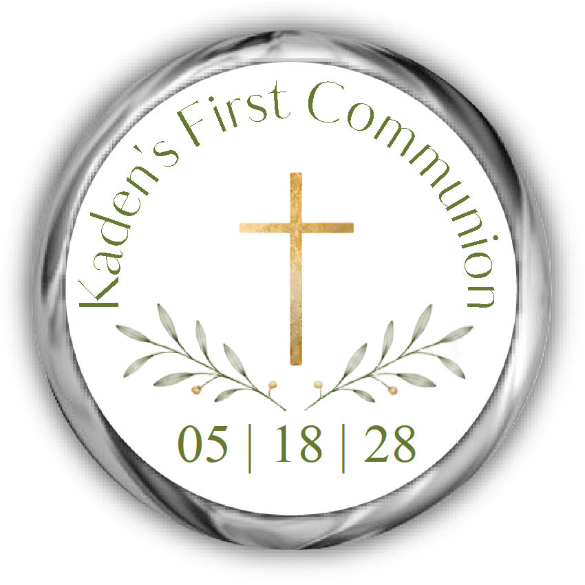 A round custom first communion sticker, featuring a white center with a gold cross, olive branch leaves