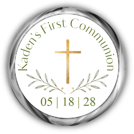 A round custom first communion sticker, featuring a white center with a gold cross, olive branch leaves