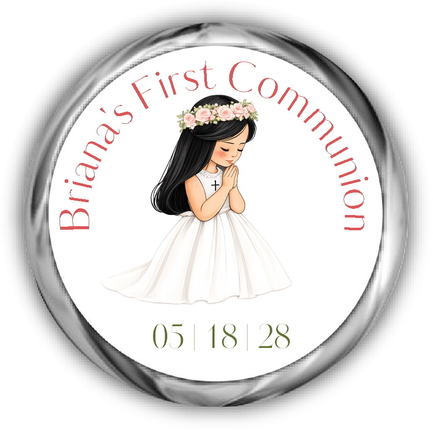 A round custom first communion sticker featuring an illustration of a young girl with black hair in a white dress with a flower crown, surrounded by the text.
