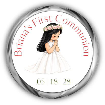 A round custom first communion sticker featuring an illustration of a young girl with black hair in a white dress with a flower crown, surrounded by the text.