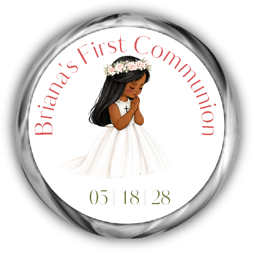 A round custom first communion sticker featuring an illustration of a young girl with black hair and dark tan skin in a white dress with a flower crown, surrounded by the text.
