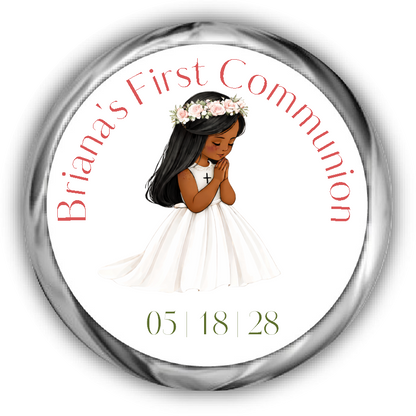 A round custom first communion sticker featuring an illustration of a young girl with black hair and dark tan skin in a white dress with a flower crown, surrounded by the text.