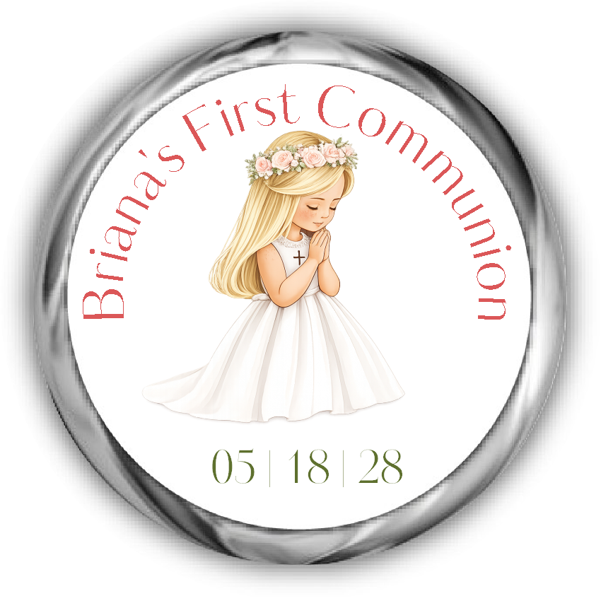 A round custom first communion sticker featuring an illustration of a young girl with blonde hair in a white dress with a flower crown, surrounded by the text.