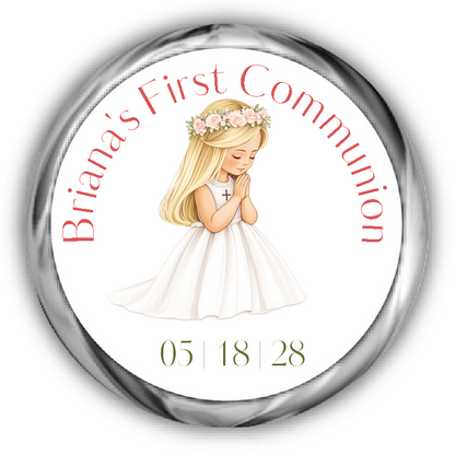 A round custom first communion sticker featuring an illustration of a young girl with blonde hair in a white dress with a flower crown, surrounded by the text.