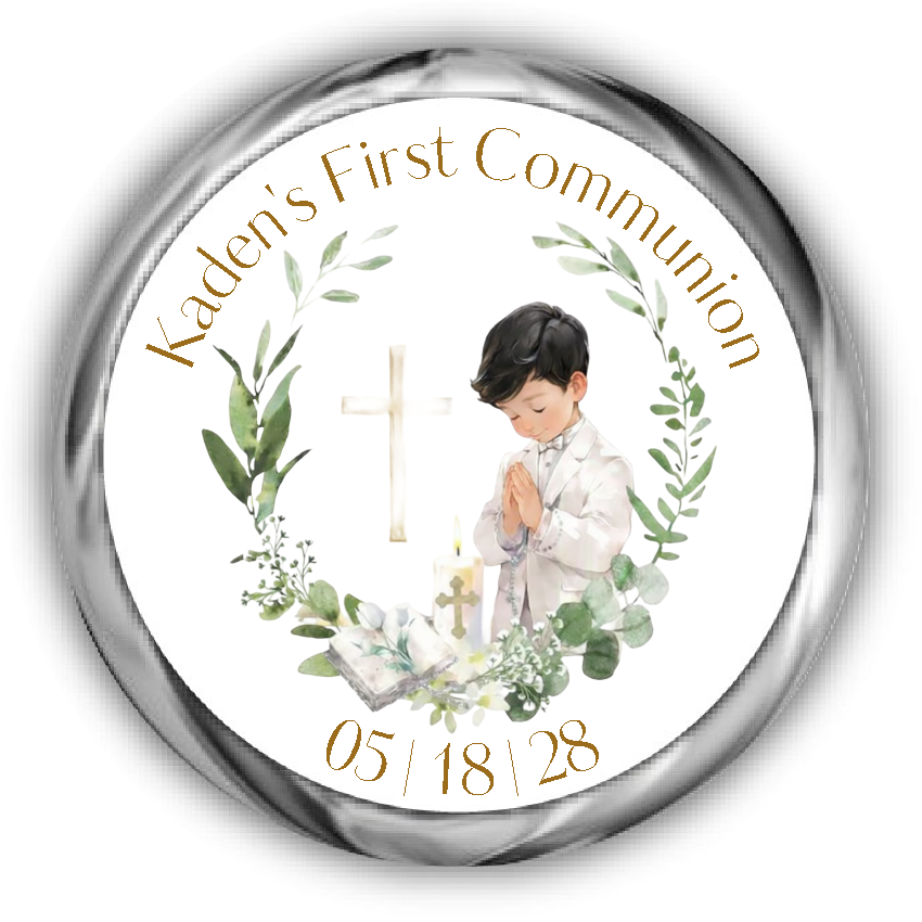 First Communion Kisses Stickers, boy with black hair surrounded by a eucalyptus wreath, a bible, candle and cross.