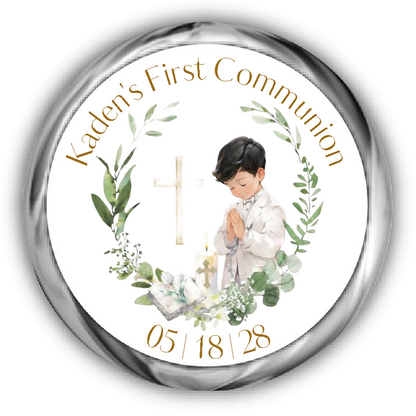 First Communion Kisses Stickers, boy with black hair surrounded by a eucalyptus wreath, a bible, candle and cross.