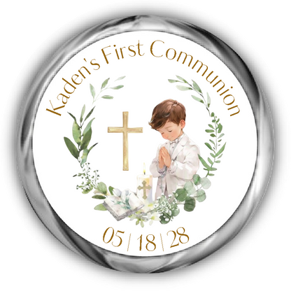 Boy First Communion Kisses Stickers, brunette hair surrounded by a eucalyptus wreath, a bible, candle and cross.