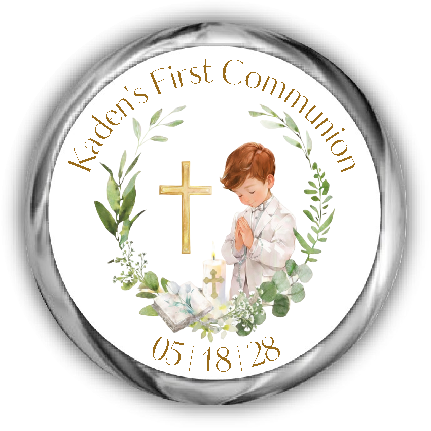 First Communion Kisses Stickers, boy with red hair surrounded by a eucalyptus wreath, a bible, candle and cross.