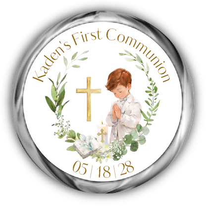 First Communion Kisses Stickers, boy with red hair surrounded by a eucalyptus wreath, a bible, candle and cross.