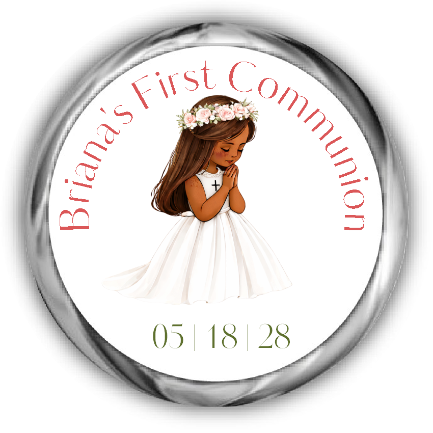 A round custom first communion sticker featuring an illustration of a young girl with brunette hair and tan skin in a white dress with a flower crown, surrounded by the text.
