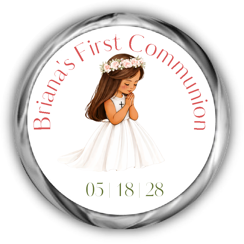 A round custom first communion sticker featuring an illustration of a young girl with brunette hair and tan skin in a white dress with a flower crown, surrounded by the text.