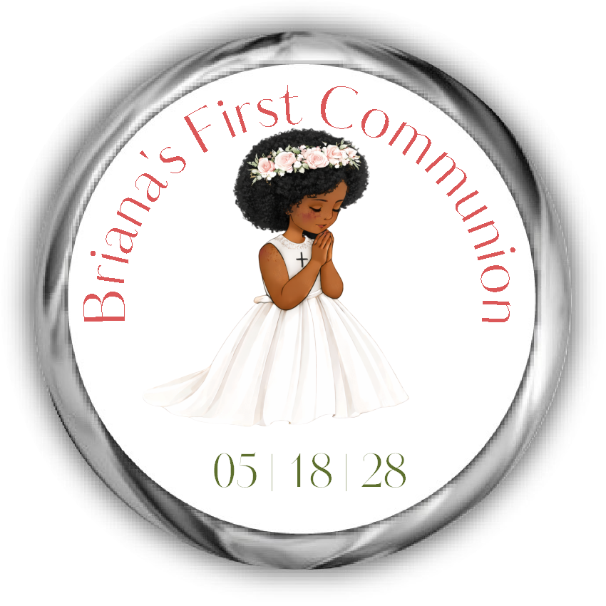 A round custom first communion sticker featuring an illustration of a young girl with curly hair and dark tan skin in a white dress with a flower crown, surrounded by the text.