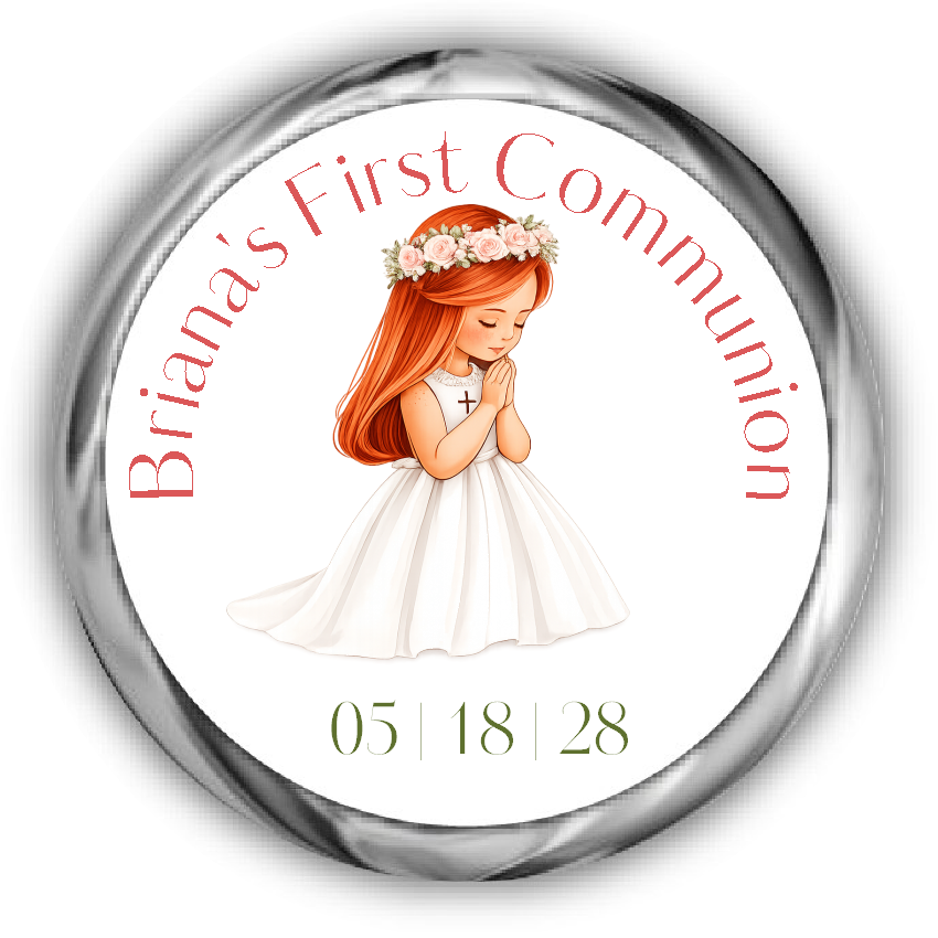A round custom first communion sticker featuring an illustration of a young girl with red hair in a white dress with a flower crown, surrounded by the text.
