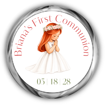 A round custom first communion sticker featuring an illustration of a young girl with red hair in a white dress with a flower crown, surrounded by the text.