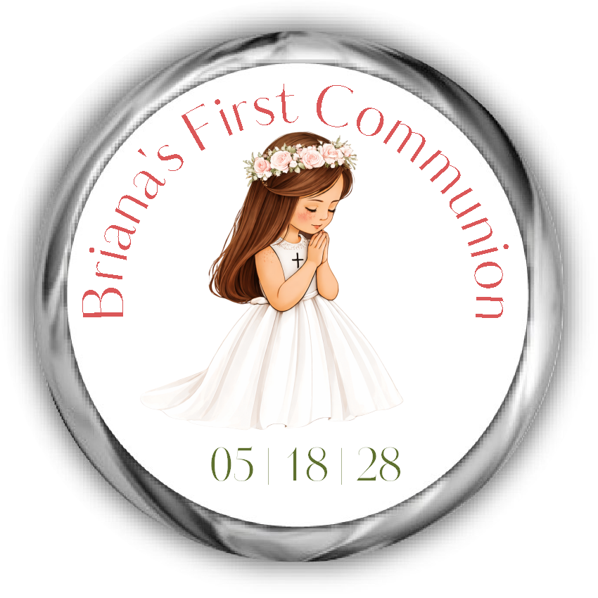 A round custom first communion sticker featuring an illustration of a young girl with brunette hair in a white dress with a flower crown, surrounded by the text.