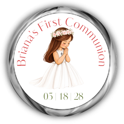 A round custom first communion sticker featuring an illustration of a young girl with brunette hair in a white dress with a flower crown, surrounded by the text.