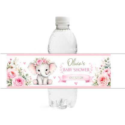 Pink Elephant Baby Shower Water Bottle Labels