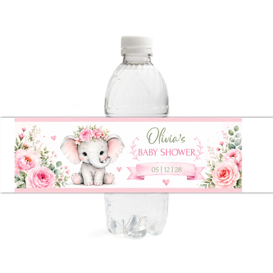 Pink Elephant Baby Shower Water Bottle Labels