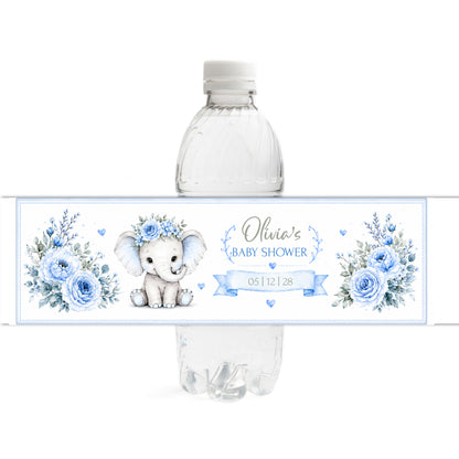 Elephant Baby Shower Water Bottle Labels, Blue