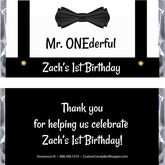 Candy bar wrapper with bow tie design and text for a birthday celebration.