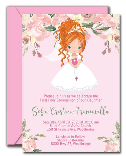 Floral Girl First Communion Invitations - Red Hair