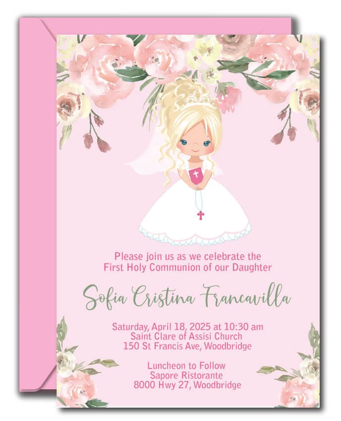 Floral Girl First Communion Invitations - Blonde