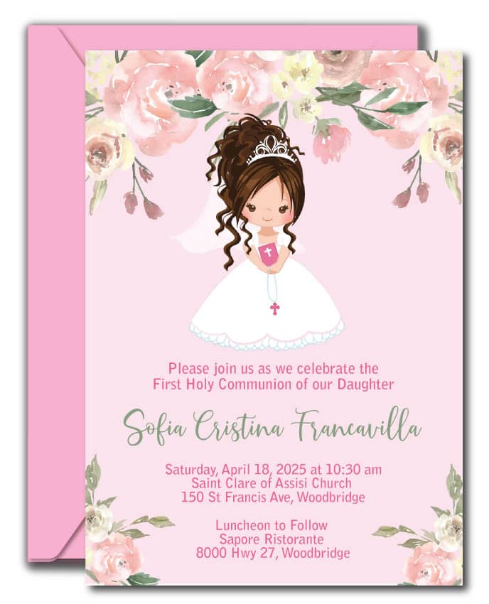 Floral Girl First Communion Invitations - Brunette
