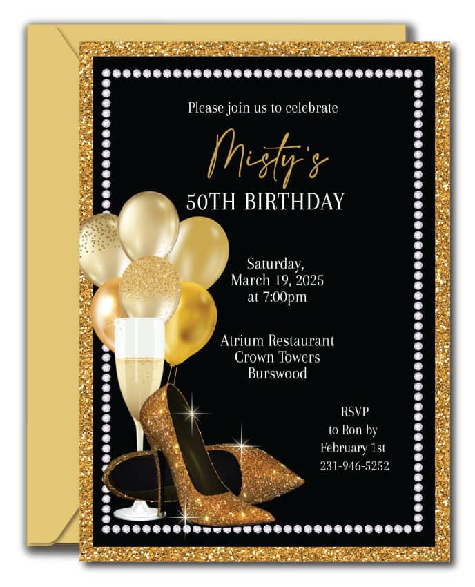 Gold Glitter Shoes Birthday Party Invitations