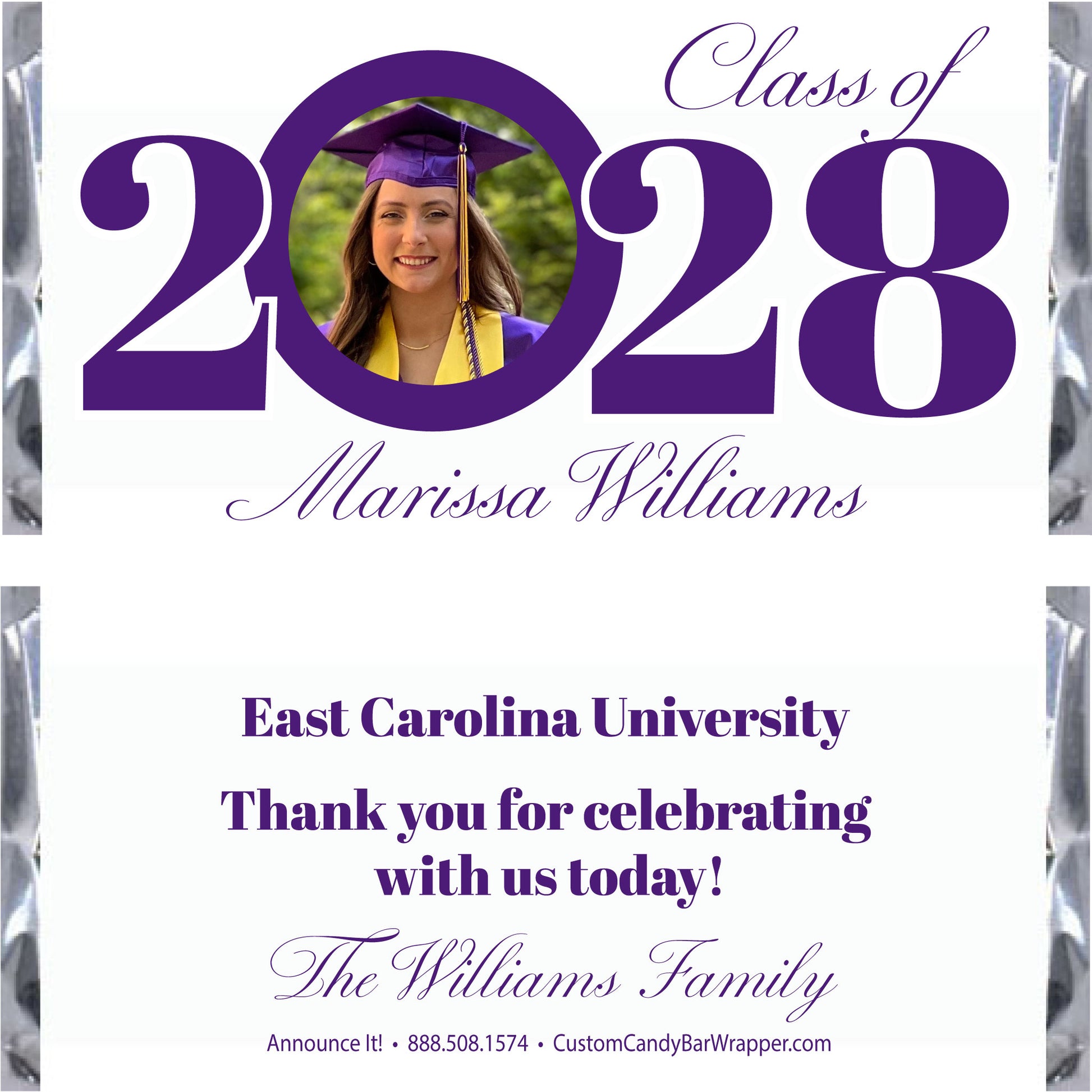 Graduation-themed candy bar wrapper with 'Class of 2028' text and a photo of a graduate.
