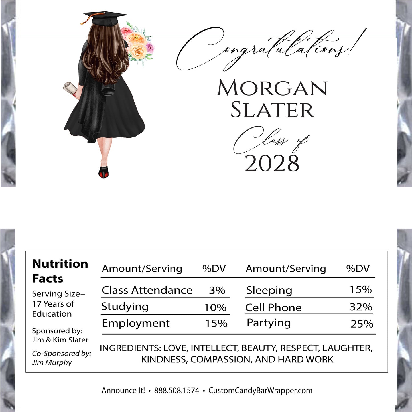 Graduation-themed candy bar wrapper with a person in a cap and gown, flowers, and nutrition facts label.