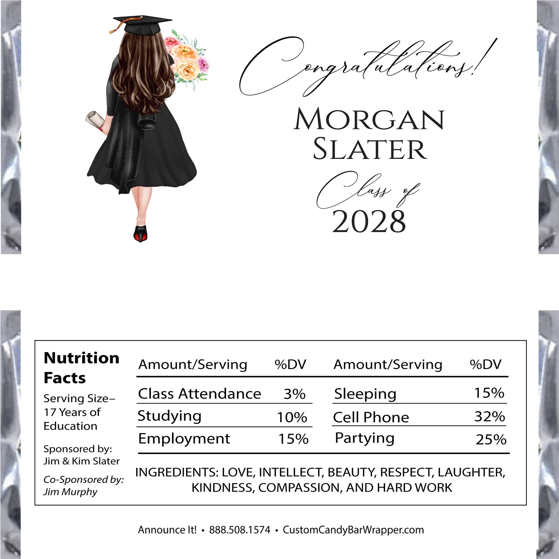 Graduation-themed candy bar wrapper with a person in a cap and gown, flowers, and nutrition facts label.