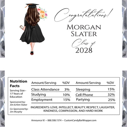 Graduation-themed candy bar wrapper with a person in a cap and gown, flowers, and nutrition facts label.