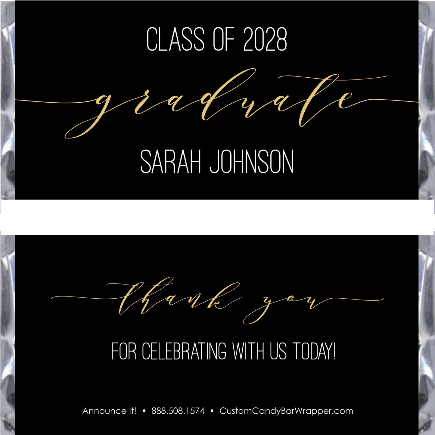 Graduation-themed candy bar wrapper with 'Class of 2028 graduate' text and contact information.