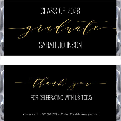 Graduation-themed candy bar wrapper with 'Class of 2028 graduate' text and contact information.