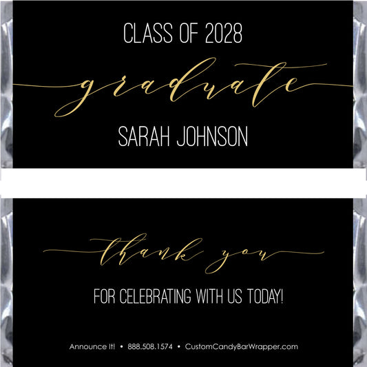 Graduation-themed candy bar wrapper with 'Class of 2028 graduate' text and contact information.
